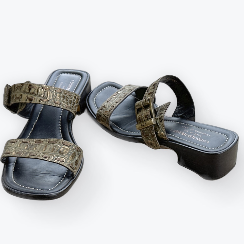 Donald Pliner Ankara Green & Gold Metallic Croc-Print Leather Slide Sandals~9.5M - Picture 3 of 12